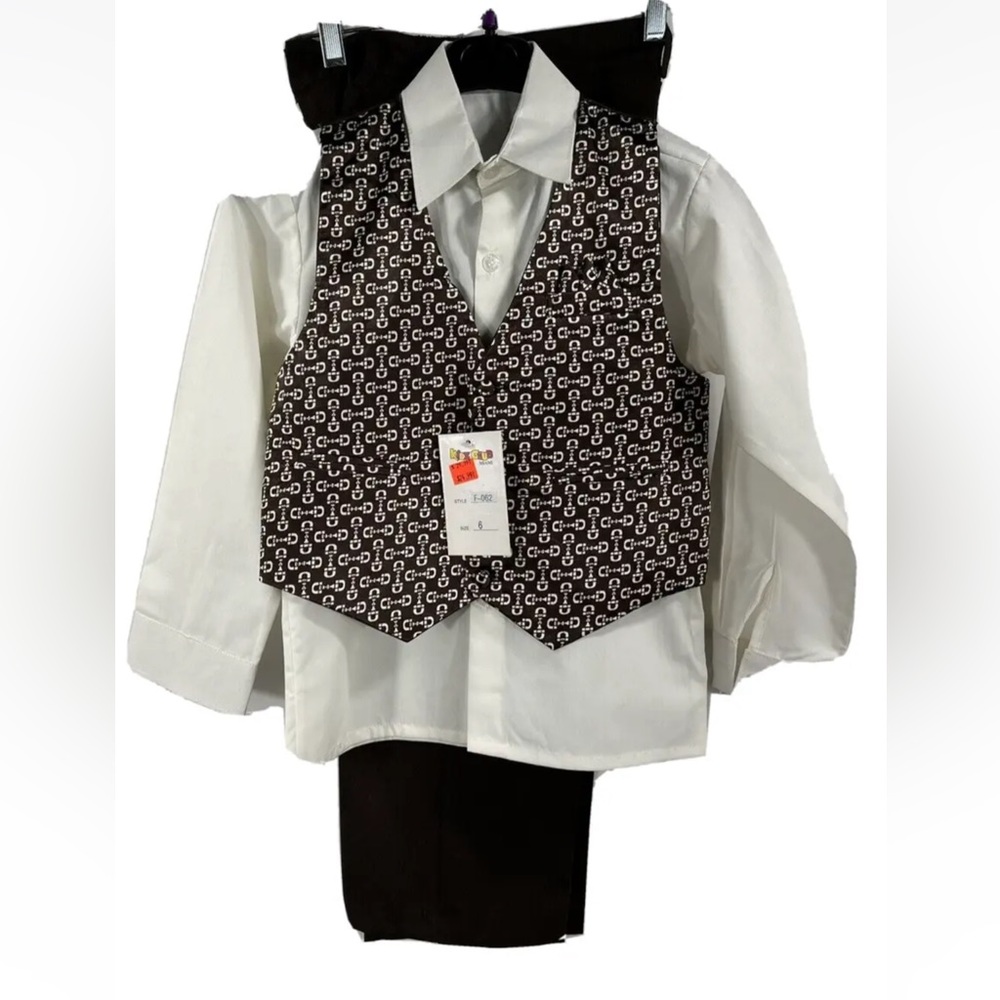Kidz Club of Miami Boys' Vest Set Cream Dress Shirt Brown and Cream Vest Size 6